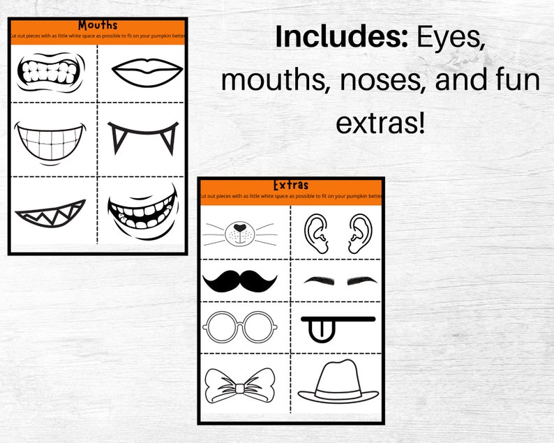 May include: Black and white cut-out sheets with various mouth shapes, eyes, noses, and fun extras. The text on the image says "Includes: Eyes, mouths, noses, and fun extras!"