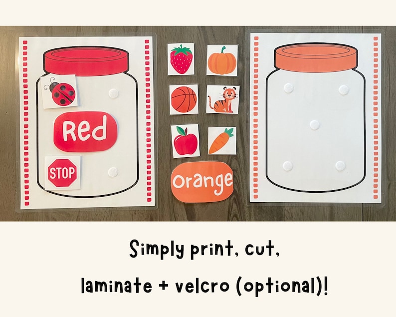 May include: Two printable jar templates for a color sorting activity. The jars are labeled "Red" and "Orange".  There are several images of red and orange objects to sort into the jars.