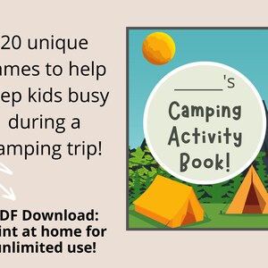 Peut inclure: Un livre d'activit&eacute;s de camping imprimable avec un soleil jaune, des arbres verts et deux tentes orange. Le texte de la couverture indique "'s Camping Activity Book!"