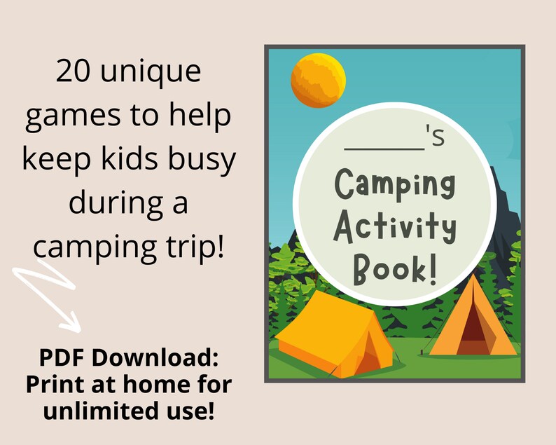 Peut inclure: Un livre d'activit&eacute;s de camping imprimable avec un soleil jaune, des arbres verts et deux tentes orange. Le texte de la couverture indique "'s Camping Activity Book!"