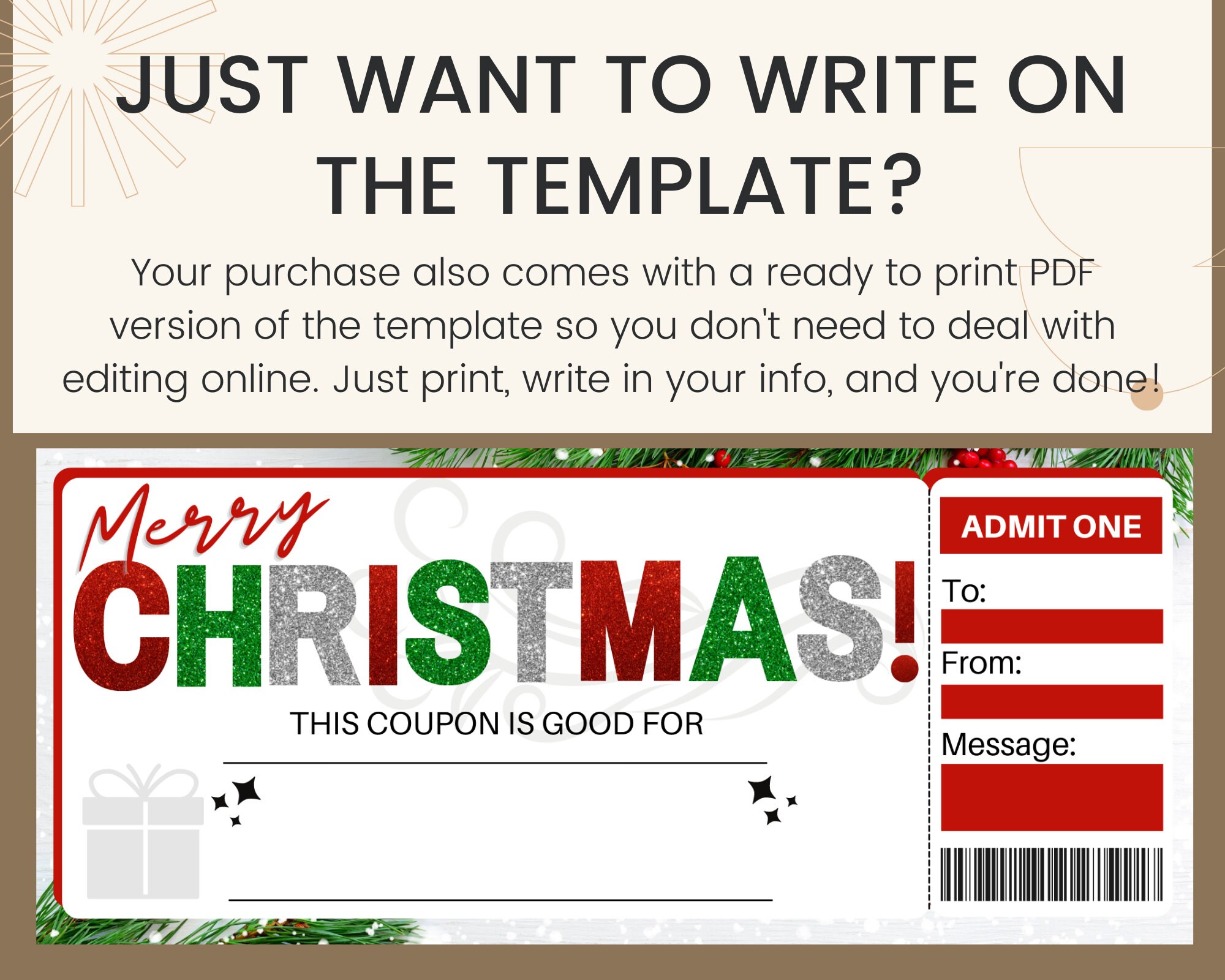 Printable Christmas Coupon Template. Ticket for Experience. Etsy