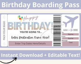 Boarding Pass Birthday. Boarding Pass Template. Birthday Boarding Pass. Surprise Vacation Printable. Surprise Trip. Surprise Travel.