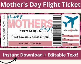 May include: Printable Mother's Day flight ticket with a pink and white background. The ticket says "Happy Mothers Day!" and has a place to enter a destination name and trip dates. The ticket also has a place to enter a message.