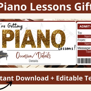 Piano Lessons Gift Ticket. Piano Gifts. Music Lessons Gift. Printable Coupon. Editable Gift Ticket. Gift Certificate. Gift Voucher. Template