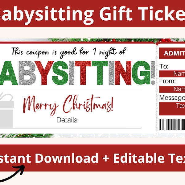 Babysitting Coupon. Babysitting Voucher. Babysitting Gift Certificate. Babysitting Ticket Template. Printable. Editable.