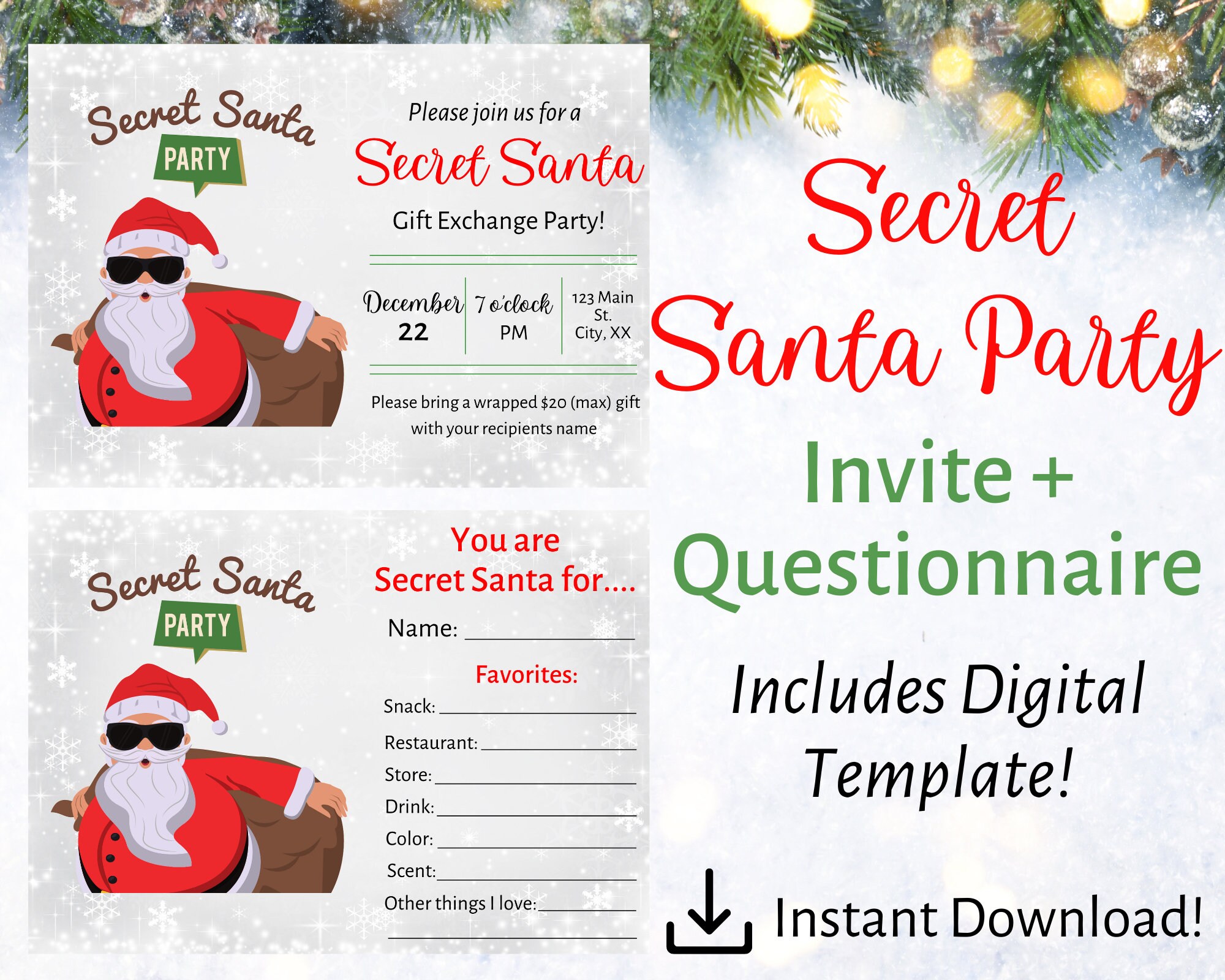 secret santa questionnaire. secret santa party invite. secret