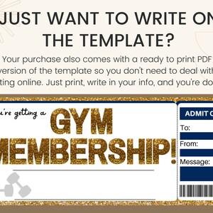 Puede incluir: Un boleto de membres&iacute;a de gimnasio de purpurina dorada imprimible con borde azul. El boleto dice "You're getting a GYM MEMBERSHIP!" y tiene un espacio para el nombre del destinatario, el nombre del donante y un mensaje. El boleto tambi&eacute;n tiene una secci&oacute;n para "ADMIT ONE" con un c&oacute;digo de barras.