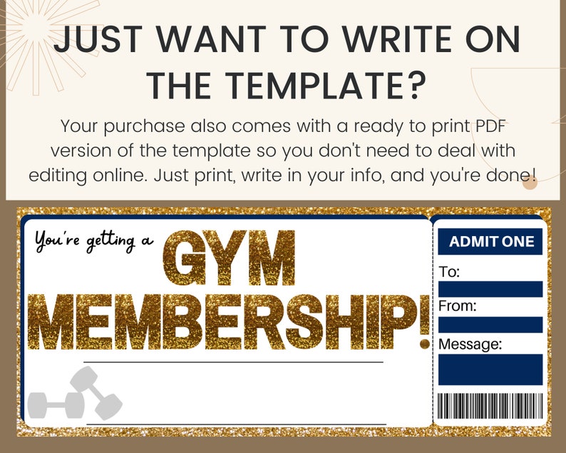Puede incluir: Un boleto de membres&iacute;a de gimnasio de purpurina dorada imprimible con borde azul. El boleto dice "You're getting a GYM MEMBERSHIP!" y tiene un espacio para el nombre del destinatario, el nombre del donante y un mensaje. El boleto tambi&eacute;n tiene una secci&oacute;n para "ADMIT ONE" con un c&oacute;digo de barras.