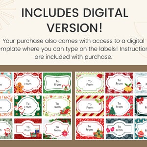 May include: A set of 18 printable Christmas gift tags with various festive designs. The tags feature a variety of Christmas themes, including reindeer, gingerbread men, Santa Claus, and ornaments. Each tag has a "To" and "From" section for writing names.