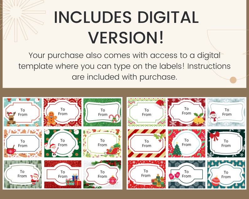 May include: A set of 18 printable Christmas gift tags with various festive designs. The tags feature a variety of Christmas themes, including reindeer, gingerbread men, Santa Claus, and ornaments. Each tag has a "To" and "From" section for writing names.
