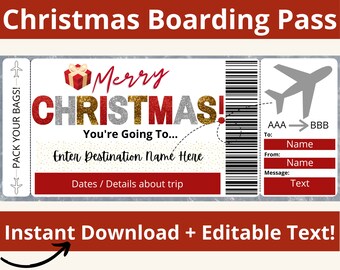 Christmas Boarding Pass. Boarding Pass Template. Surprise Trip. Surprise Vacation Printable. Christmas Vacation. Christmas Card Template.