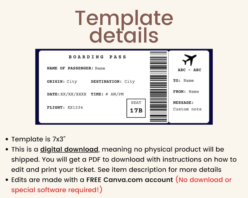 K&ouml;nnte beinhalten: Eine druckbare Bordkartenvorlage in Blau und Wei&szlig; mit dem Text "BOARDING PASS" oben. Die Vorlage enth&auml;lt Felder f&uuml;r den Namen des Passagiers, den Abflugort, das Ziel, das Datum, die Uhrzeit, den Flug, den Sitzplatz, nach, von und Nachricht. Die Vorlage ist 7x3 Zoll gro&szlig;.