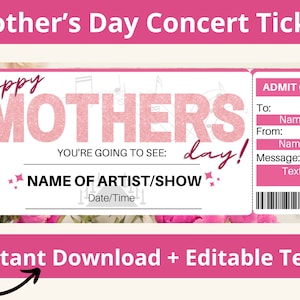 Mothers Day Concert Ticket. Concert Ticket Template. Mothers Day Tickets. Printable Concert Ticket. Show Ticket. Concert Ticket Gift for Mom