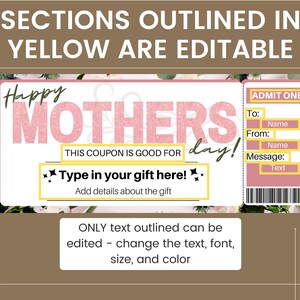 Mothers Day Coupon Printable. Mothers Day Ticket. Mothers Day Voucher. Mom Coupons. Coupon for Her. Coupon book for Mom. Mom gift card image 3