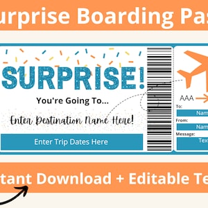 Boarding Pass Template. Boarding Ticket Template. Surprise Boarding Pass. Airline Ticket. Airplane Ticket. Travel Voucher. Printable