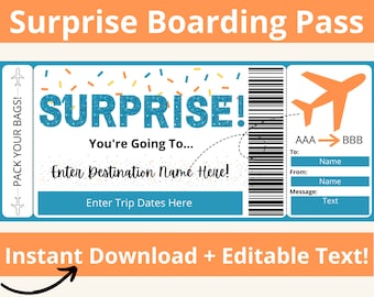 Boarding Pass Template, Surprise Vacation Trip Reveal Ticket, Editable Airline Airplane Ticket, Travel Gift Voucher, Printable