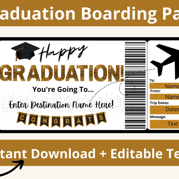 Graduation Boarding Pass. Graduation Ticket. Graduation Gifts. Printable Boarding Pass. Surprise Trip. Surprise Vacation. Editable Ticket