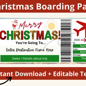 Cartão de embarque de Natal. Modelo de cartão de embarque. Viagem surpresa. Férias surpresa para impressão. Férias de Natal. Modelo de cartão de Natal.