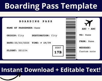 Boarding Pass Template. Boarding Ticket Template. Surprise Boarding Pass. Airline Ticket. Airplane Ticket. Travel Voucher. Printable