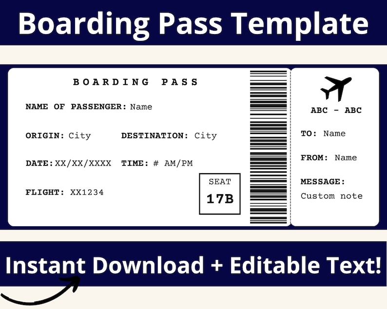Boarding Pass Template. Boarding Ticket Template. Surprise Boarding Pass. Airline Ticket. Airplane Ticket. Travel Voucher. Printable image 1