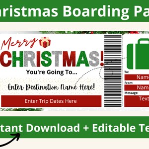 Cartão de embarque de Natal. Modelo de cartão de embarque. Viagem surpresa. Férias surpresa para impressão. Férias de Natal. Bilhete de embarque editável.