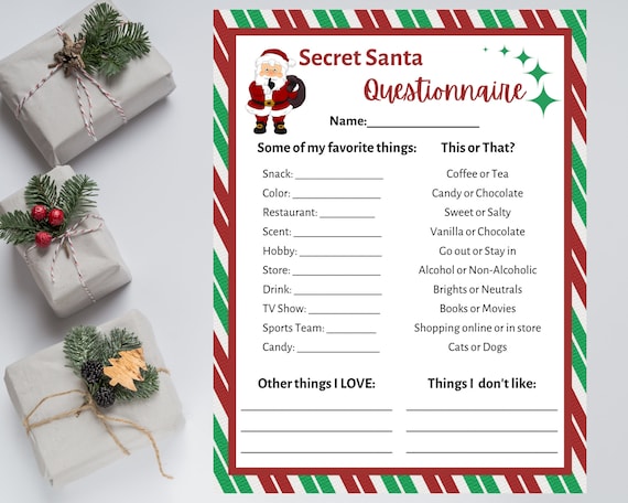 Secret Santa Questionnaire Printable. Secret Santa Form. - Etsy