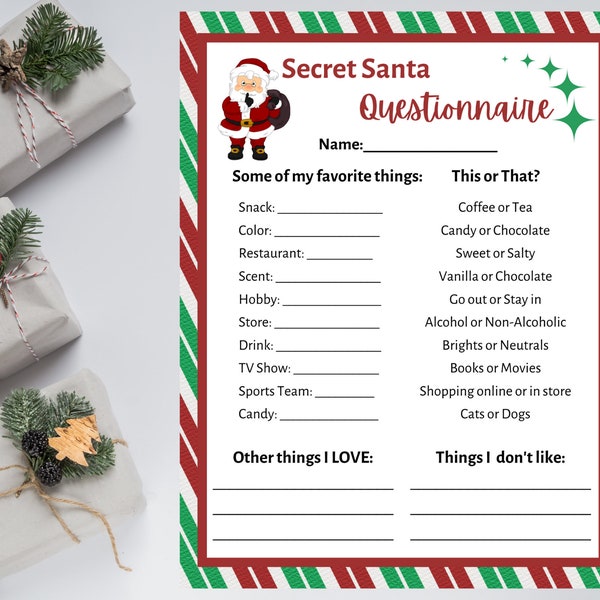 Secret Santa Questionnaire Printable. Secret Santa Form. Secret Santa for Work. Secret Santa Printable. Secret Santa Wish List. Christmas