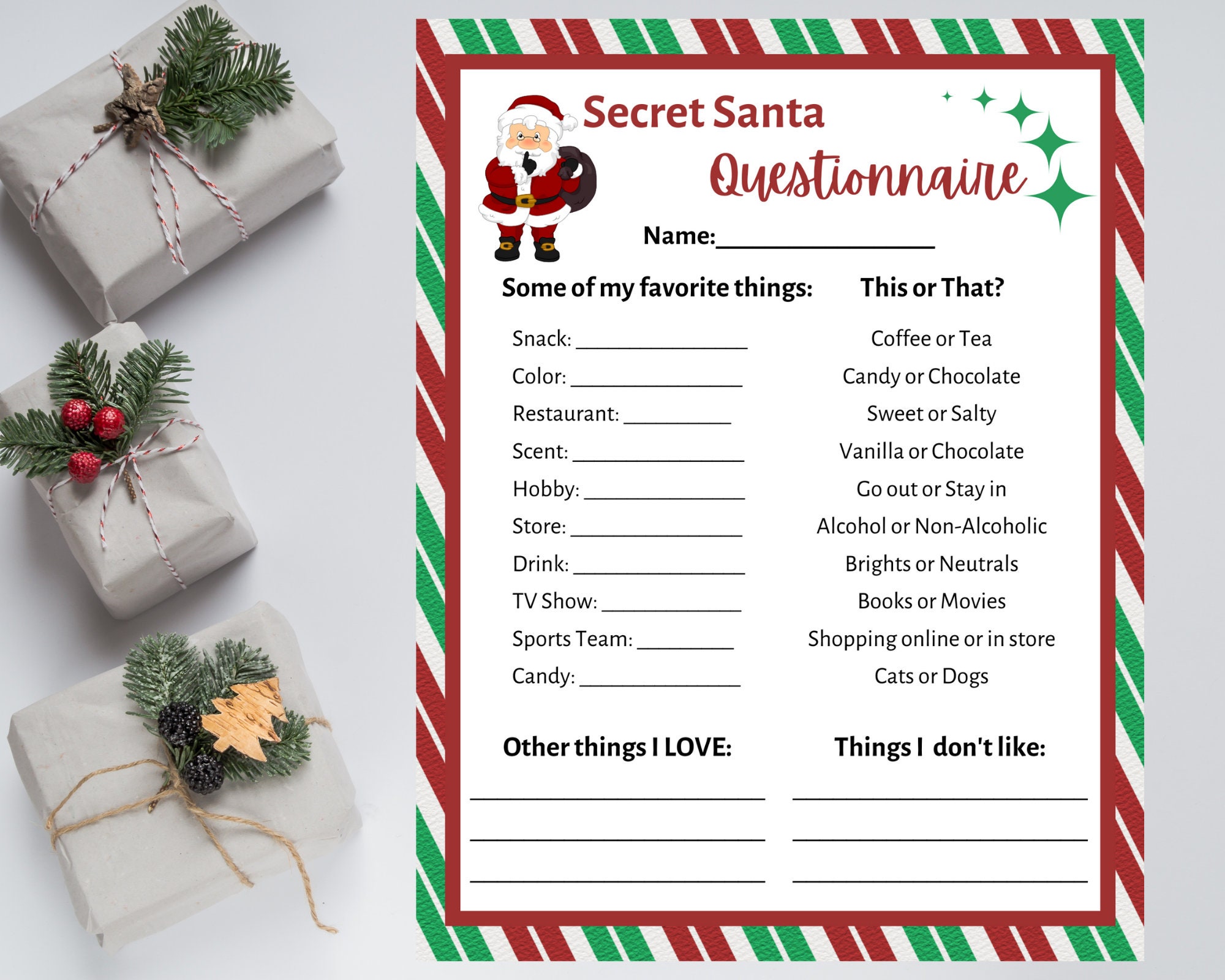 Secret Santa Questionnaire Printable Secret Santa Form Etsy