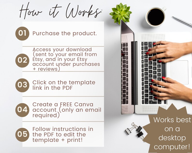 Puede incluir: Una gu&iacute;a paso a paso sobre c&oacute;mo usar una plantilla digital. La gu&iacute;a incluye cinco pasos: comprar el producto, acceder a la descarga, hacer clic en el enlace de la plantilla, crear una cuenta de Canva y seguir las instrucciones para editar e imprimir. La imagen muestra una computadora port&aacute;til con las manos de una persona escribiendo en el teclado. El texto "&iexcl;Funciona mejor en una computadora de escritorio!" est&aacute; en una forma de estrella marr&oacute;n.