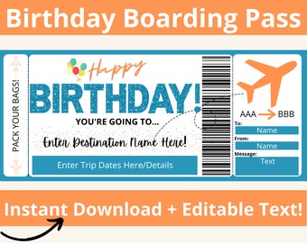 Birthday Boarding Pass Template, Printable Surprise Vacation Ticket, Editable Airline Ticket, Travel Voucher, Trip Reveal, Instant Download