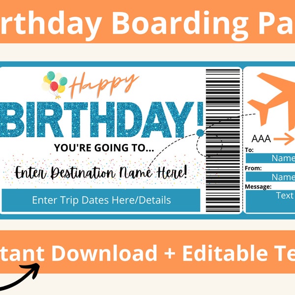 Boarding Pass Birthday. Boarding Pass Template. Birthday Boarding Pass. Surprise Vacation Printable. Surprise Trip. Surprise Travel.