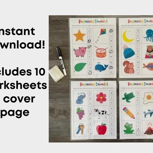 Pu&ograve; includere: Un set di 10 fogli di lavoro stampabili per imparare i suoni iniziali. Ogni foglio di lavoro presenta un'illustrazione colorata e una griglia con lettere. Il titolo di ogni foglio di lavoro &egrave; "Beginning Sounds!" e le istruzioni sono "Mark the box with the beginning letter sound for each picture."