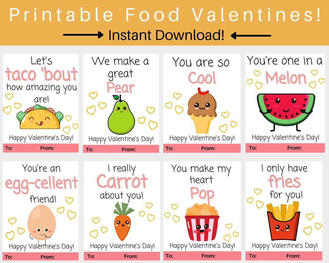 Food Valentine. Printable Valentine Cards for Kids. Toddler Valentines ...