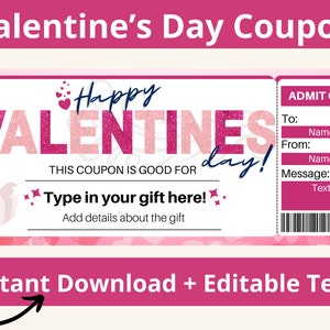Valentines Day Coupons. Valentines Coupons. Valentines Gift Card. Custom Coupon Printable. Love Coupons. Coupon for Him.Editable Coupon Book
