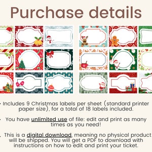 May include: A set of 18 printable Christmas gift tags with various festive designs. The tags are in a grid format with each tag featuring a different Christmas theme, including a snowman, Santa Claus, a gingerbread man, and a Christmas tree. The tags are ready to be printed and used for gifts.