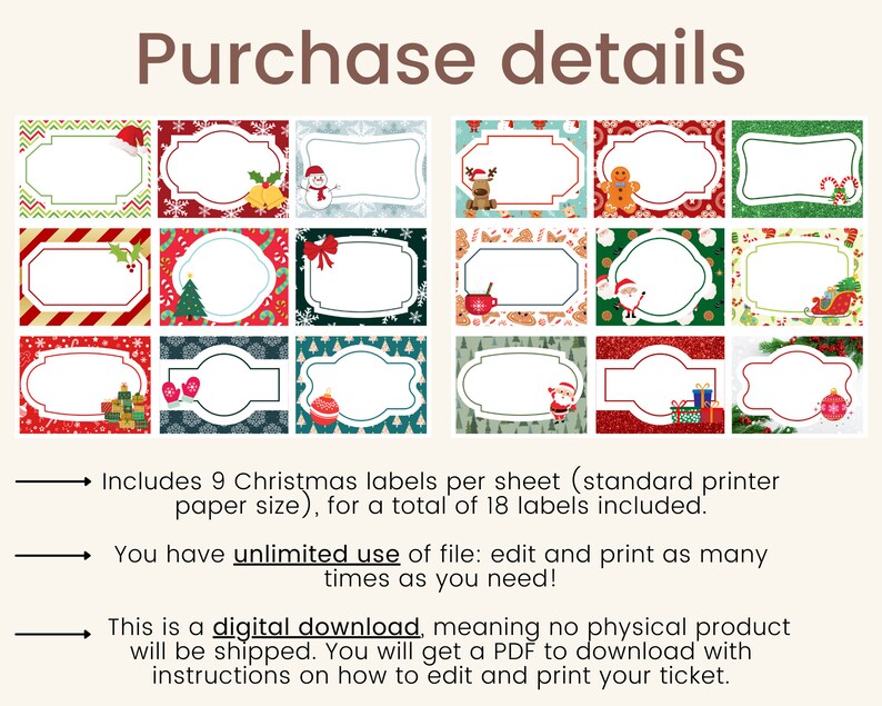 May include: A set of 18 printable Christmas gift tags with various festive designs. The tags are in a grid format with each tag featuring a different Christmas theme, including a snowman, Santa Claus, a gingerbread man, and a Christmas tree. The tags are ready to be printed and used for gifts.