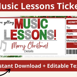Cadeaubon voor muzieklessen. Ticket voor muzieklessen. Muzieklessenvoucher. Waardebon voor muzieklessen. Afdrukbaar. Bewerkbare cadeaubon