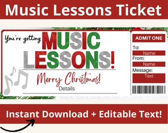 Music Lessons Gift Certificate. Music Lessons Ticket. Music Lessons Voucher. Music Lessons Coupon. Printable. Editable Gift Card