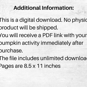 May include: Text on a white background reads "Additional Information:" followed by bullet points. The text states this is a digital download, a PDF link is provided, unlimited downloads are included, and pages are 8.5 x 11 inches.