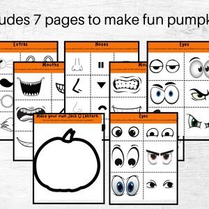 May include: Seven-page set for creating fun pumpkin faces. Includes cut-out shapes for eyes, noses, mouths, and extras like mustaches and glasses. Features a pumpkin outline for crafting a Jack O'Lantern. Text reads: "Includes 7 pages to make fun pumpkins!"