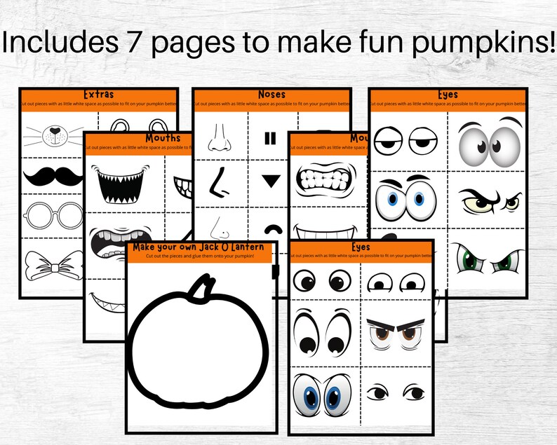 May include: Seven-page set for creating fun pumpkin faces. Includes cut-out shapes for eyes, noses, mouths, and extras like mustaches and glasses. Features a pumpkin outline for crafting a Jack O'Lantern. Text reads: "Includes 7 pages to make fun pumpkins!"