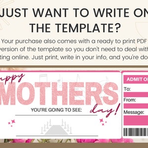 Mothers Day Concert Ticket. Concert Ticket Template. Mothers Day Tickets. Printable Concert ...