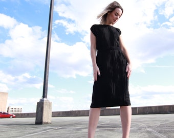 Vintage 60s Black Silk Pleated Midi Dress