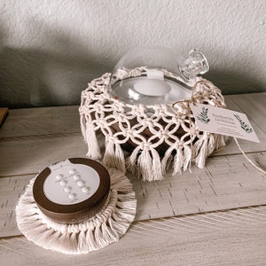 Macrame Mini Aria skirt and coaster set. Young Living mini aria accessories. Macrame diffuser cover and coaster.