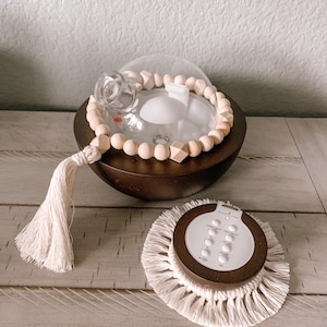 Macrame beads with tassel and coaster set for the mini aria diffuser. Young Living mini aria diffuser accessories.