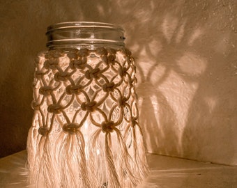Macrame Mason Jar Cover, boho jar cozy, quart-sized jar cover, Macrame cover, candle jar cover