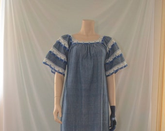Vintage Indigo Chambray Cotton Gauze Crochet Mexican Bohemian Hippie Festival Maxi Dress