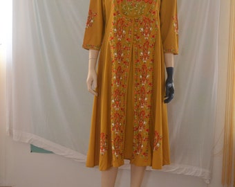 Vintage Marigold Kaftan Dress with Colorful Embroidery Featuring Birds and Flowers