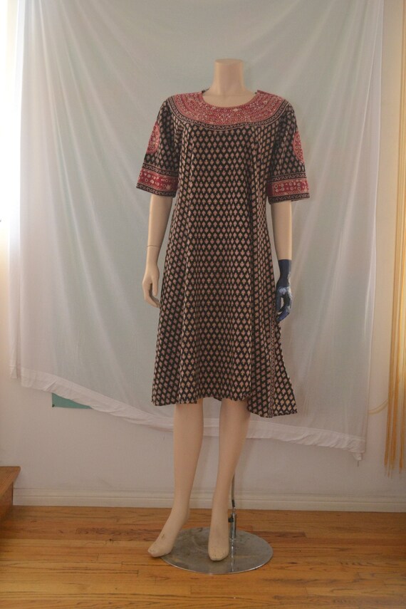 Indian Cotton Block Print Dress with Embroidery an