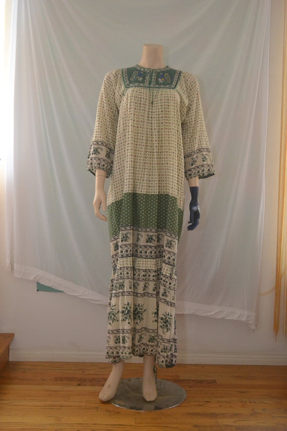 70s India Cotton Maxi Dress/Gold Embroidered Peac… - image 1